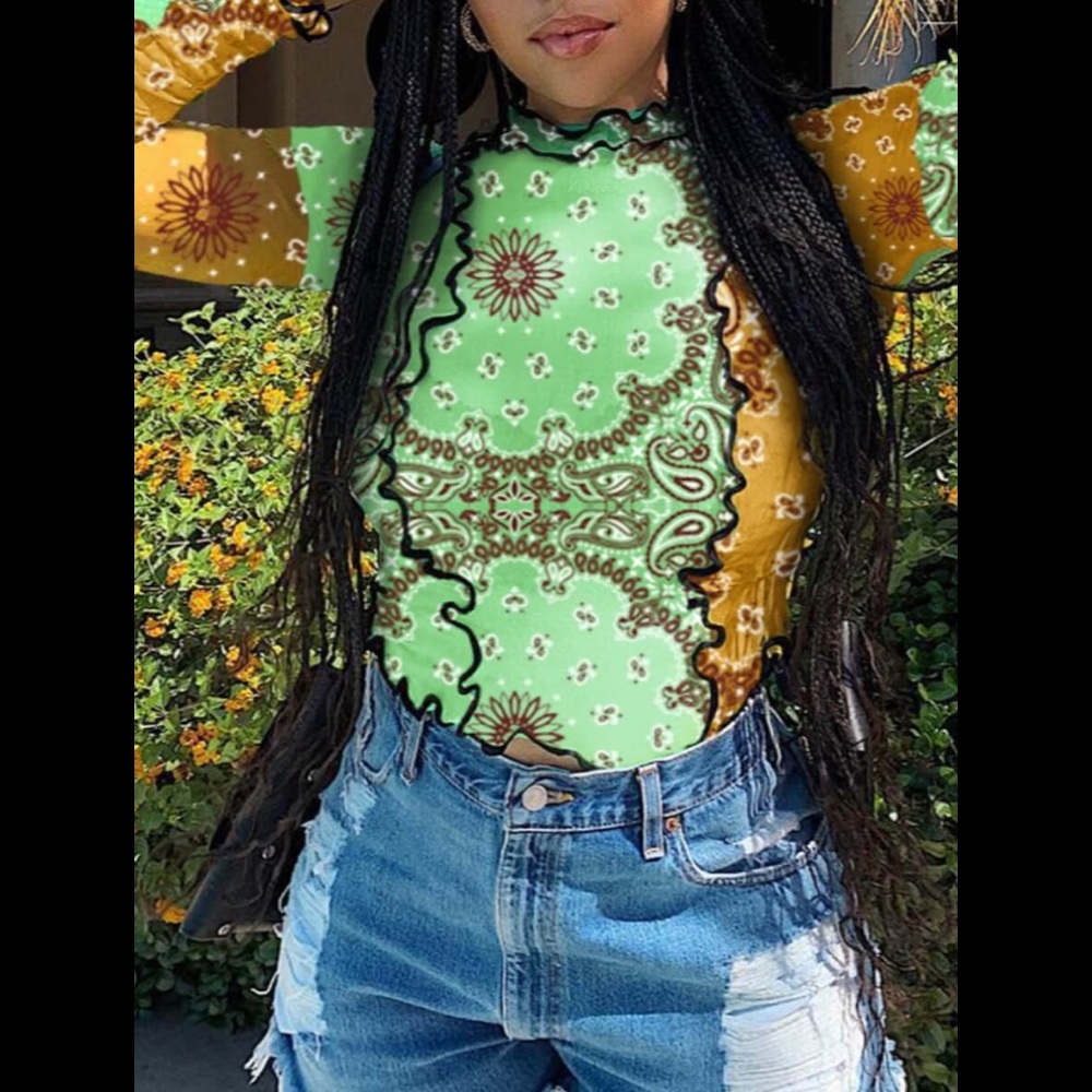 Hippie Chakra Spiral Symbols Handkerchief Graphic Ruffle Trim Edges Unique Top